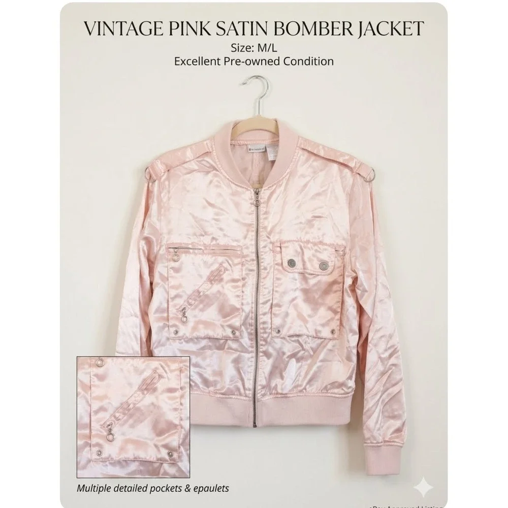 Vintage  Pink Satin Bomber Jacket Utility Pocket Y2K M/L
